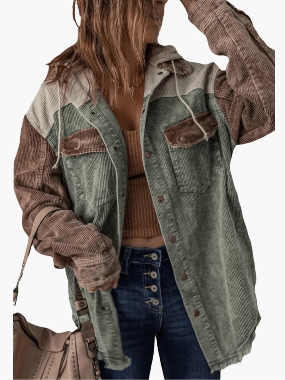 Colorblock Corduroy Hooded Jacket in Green and Brown